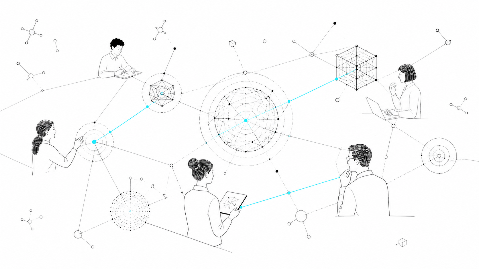 Original illustration of researchers and AI systems connected through a collaboration network